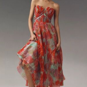 Anthropologie Strapless Floral Pleated Midi Dress- Mint Watercolor Pastel Orchid